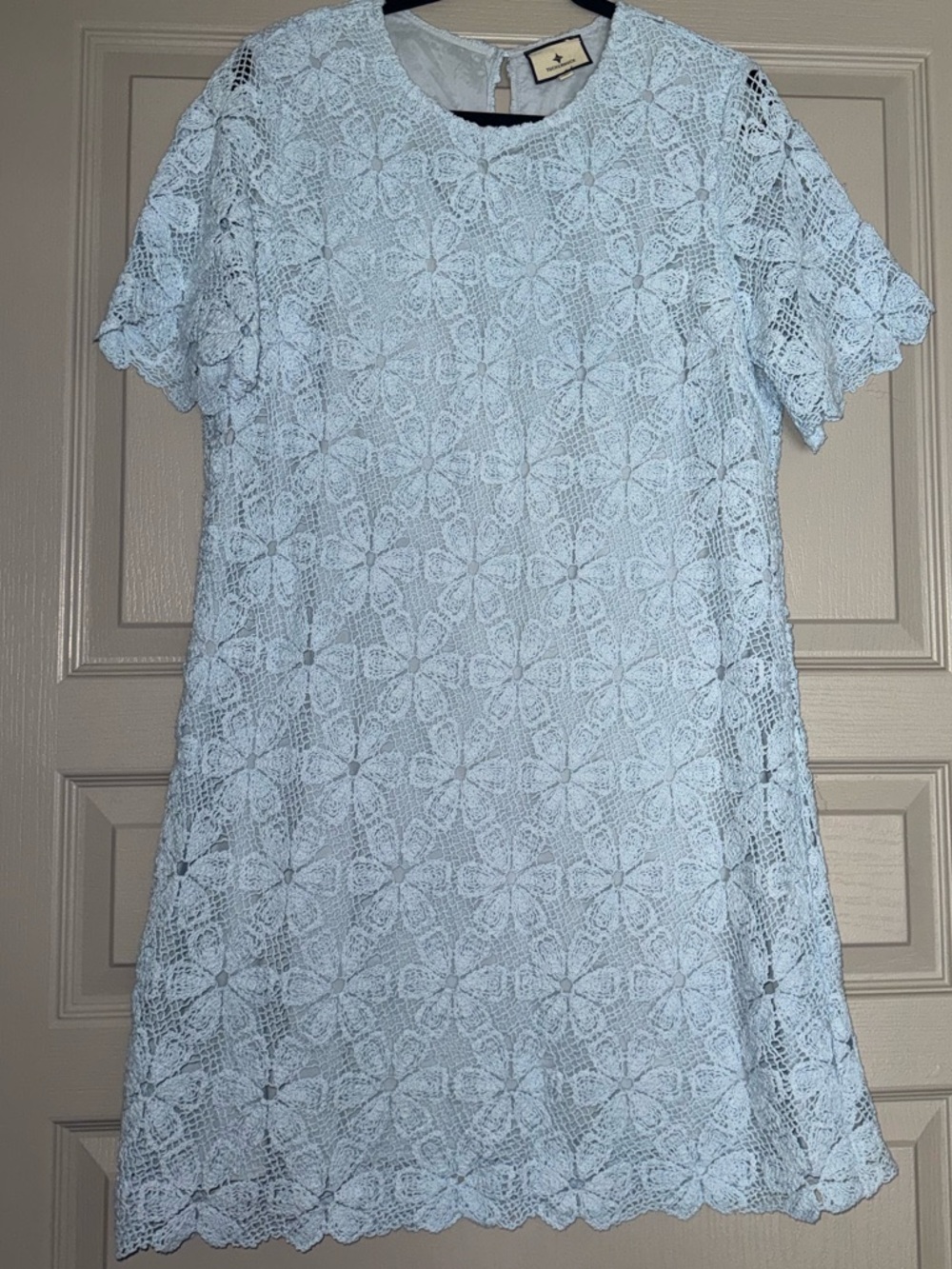 Tuckernuck Baby Blue Crochet Floral Belclaire Shift Short Sleeve Dress Sz Large - Picture 3 of 9